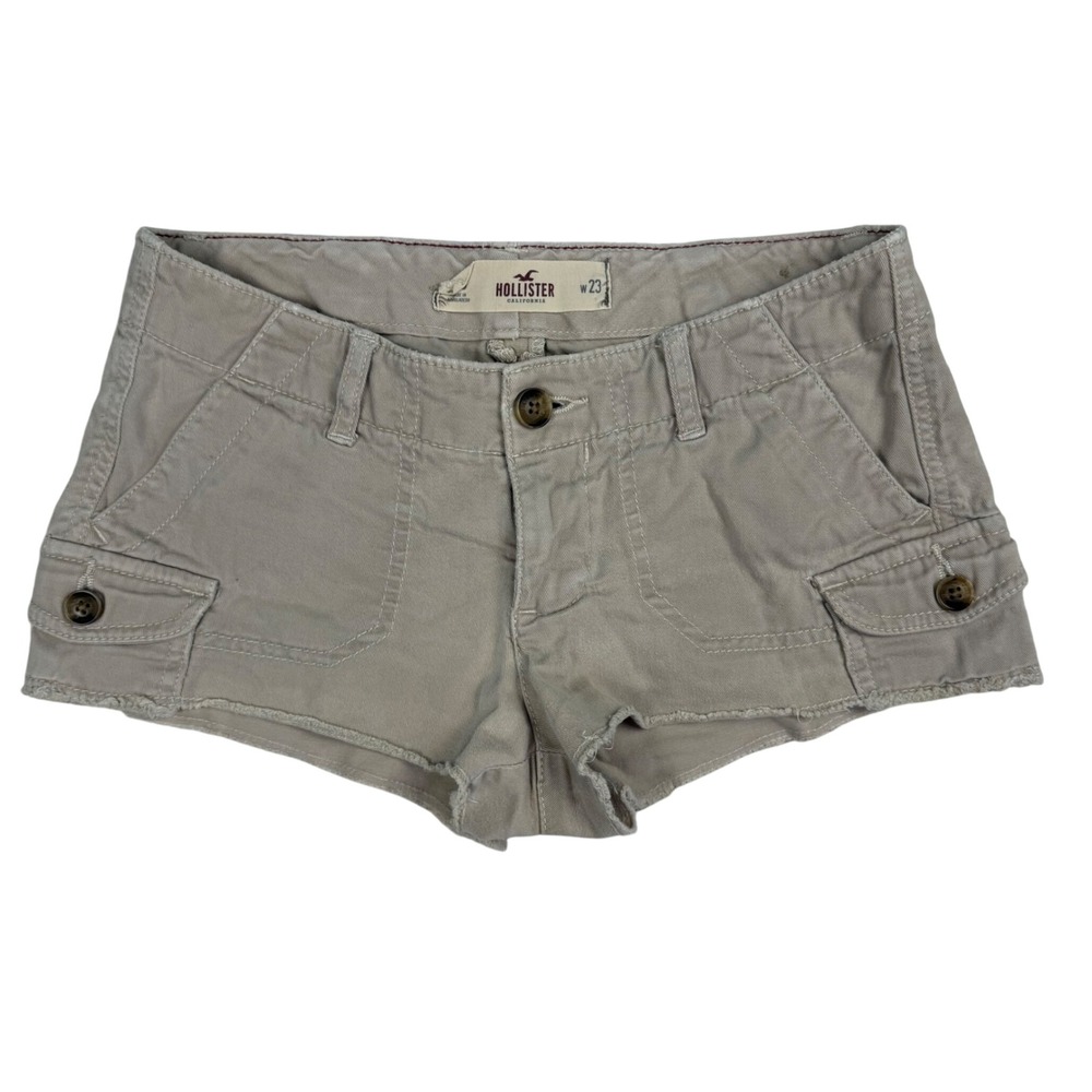 VTG Y2K Hollister Khaki Cargo Mini Micro Shorts Raw Hem Tan Low Rise Size 00 W23